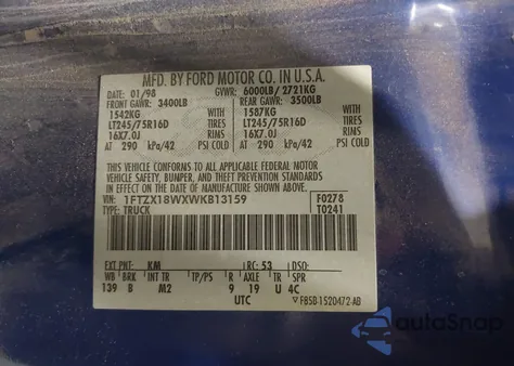 1998 Ford F-150 Lariat/Standard/Xl/Xlt from USA, damaged, VIN 1FTZX18WXWKB13159